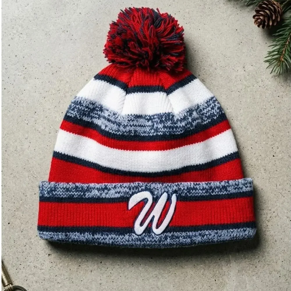 Washington Nationals MLB New Era Pom Beanie Hat Fleece Wool Lined Striped